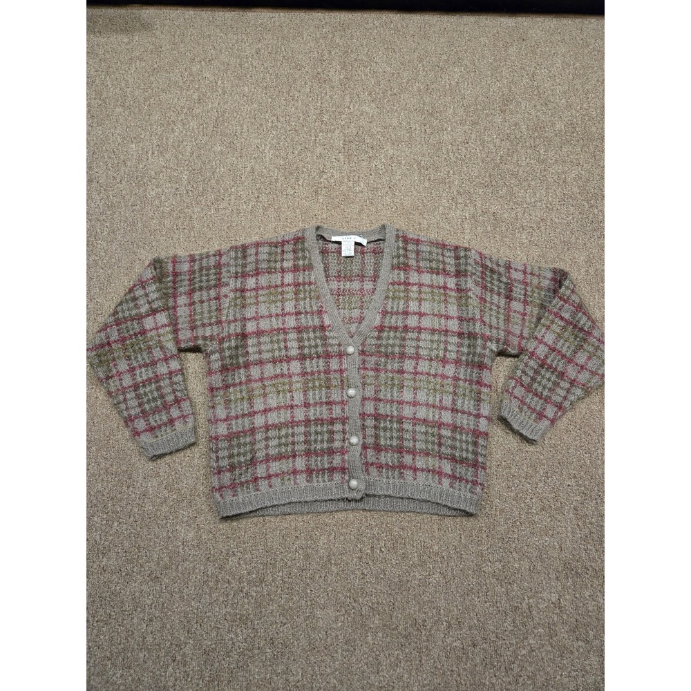 Vintage‎ Lise J. Cardigan Sweater Womens Small Grey Plaid Mohair Blend V-Neck